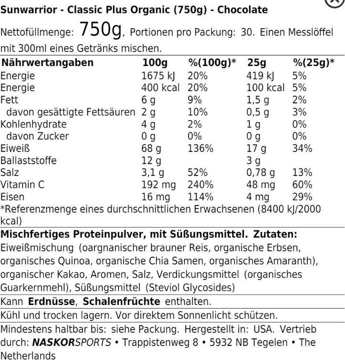 Valeurs nutritives et ingrédients Sunwarrior Protein Classic Plus Bio (1 x, 750 g)