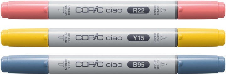 Actual product image Copic CIAO - Brand (B-95 Light Grayish Cobalt, Y-15 Cadmium Yellow, R-22 Light Prawn, 6 mm, 3 x)