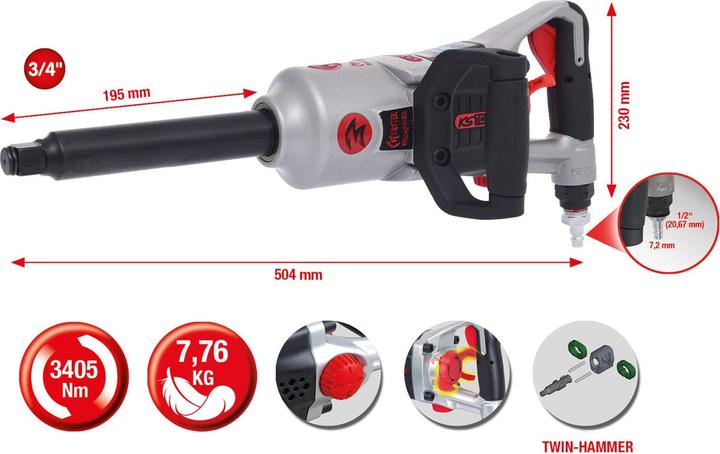Immagine prodotto KS Tools Avvitatore ad aria compressa ad alte prestazioni 3/4" superMONSTER, 3405 Nm, L 504 mm