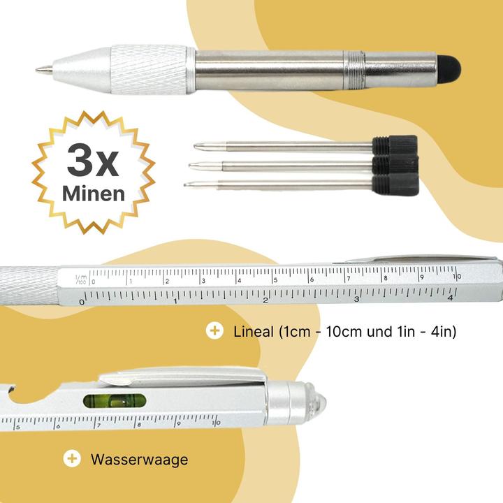 Produktbild Hermex 8in1 Multi-Kugelschreiber Multifunktionsstift Touchpen Wasserwaage Schraubendreher (8 Funktionen)