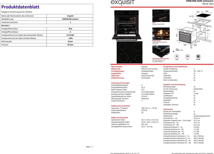 Produktbild Exquisit Einbauherdset EHE246-020SET, schwarz,Ober+Unterhitze (59.50 cm, Elektrokochfeld)