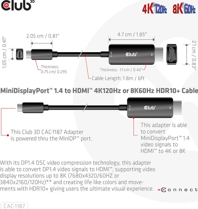 Produktbild Club 3D Club3D Kabel MiniDP 1.4 > HDMI St/St (1.80 m)