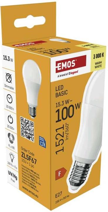 Produktbild Emos LED BASIC A60 15,3W(100W) 1521lm E27 WW (E27, 1521 lm, 1x)