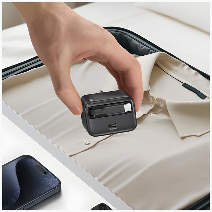 Image du produit Usams Ład. siec. 1xUSB-C ze zwijanym kablem USB-C Retractable PD+QC 30W Gan Fast Charging czarny/bla (30 W)