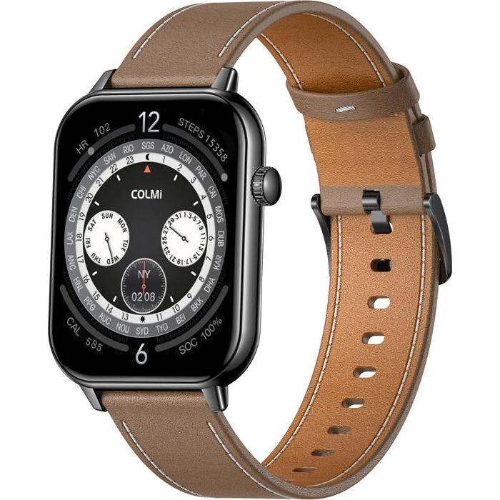 Colmi C28 Smartwatch – Black + Brown Leather Strap, Smartwatch