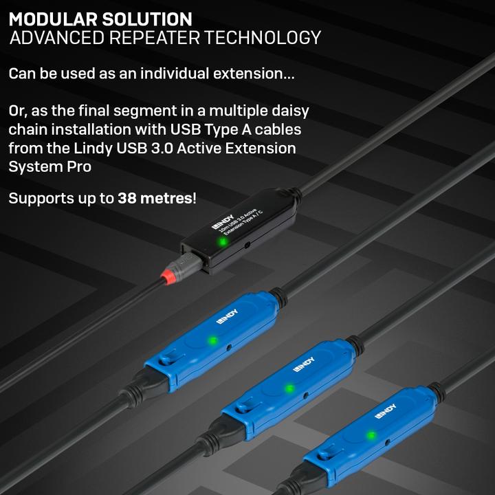 Produktbild Lindy 10m USB 3.0 Active Extension Type A to C (10 m, USB 3.2 Gen 1)