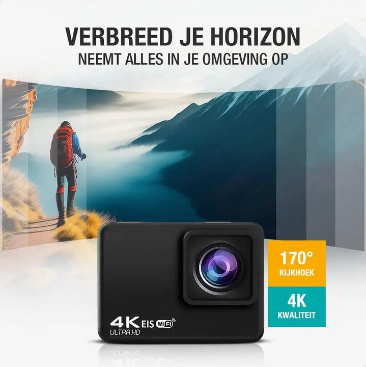 Image du produit Pora&Co - Action camera - 4K - 16MP - 60FPS / 30M Waterproof / WiFi - Inclusief Accessoires - Actiecamera - (WiFi)
