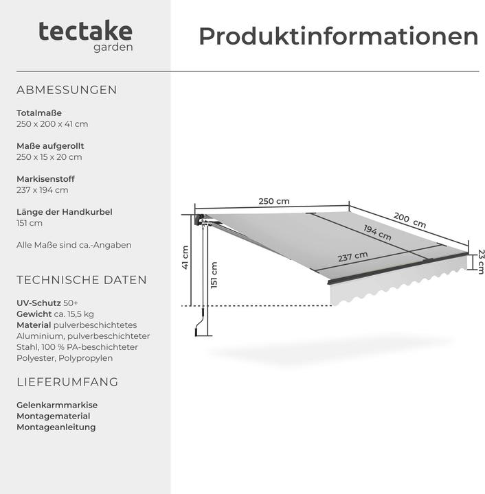 Image du produit tectake store banne articulée Ornella avec support mural (2.50 m)