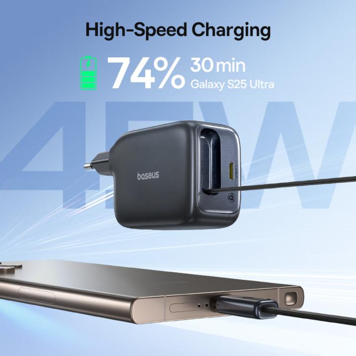 Actual product image Baseus EnerCore CJ11 Charger Retractable 2C 45W EU Black (45 W, 2 ports)