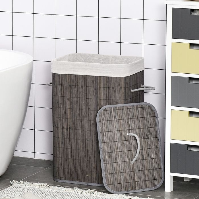 Produktbild Swisshandel24 Bambus Wäschekorb schmal mit Deckel 83L Wäschesammler mit Griffen Grau (83 l)