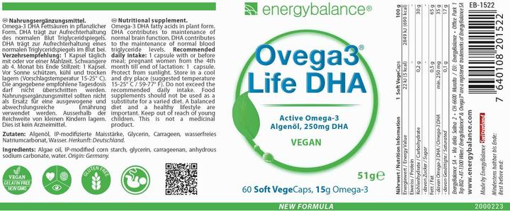 Nährwerte und Zutaten Energybalance Ovega3 life DHA Algenöl Kapseln (60 Stück, Kapseln, 51 g)