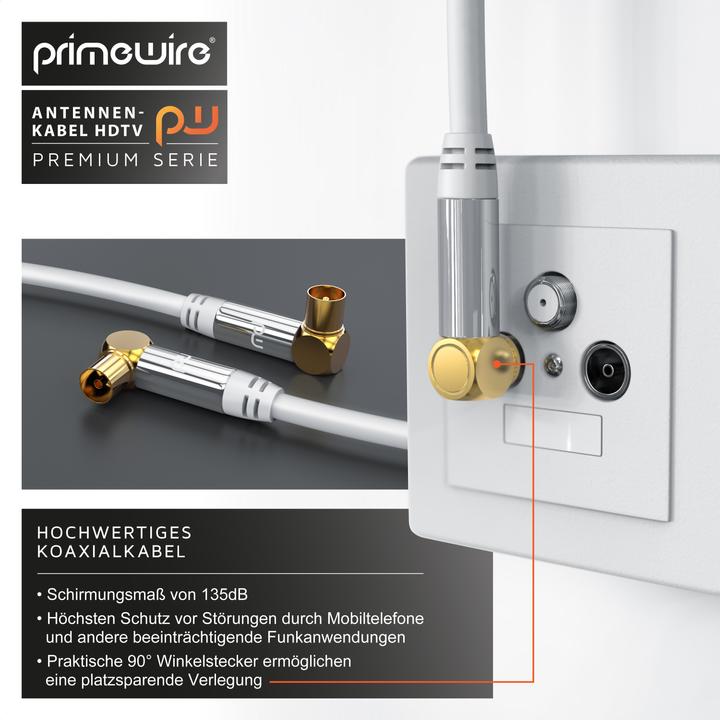 Image du produit Primewire Antennenkabel 90° gewinkelt | HDTV Premium Koaxialkabel 135dB / 75 Ohm | FullHD / 4k Ultra HD (135 dB, Câble d'antenne)