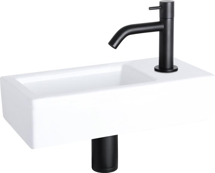 Produktbild Differnz Ravo Fonteinset - Wasbak Keramiek - Wit - Gebogen Kraan - Mat Zwart - Standaard Greep - 38.5 x 18.5 (185 mm, 385 mm)