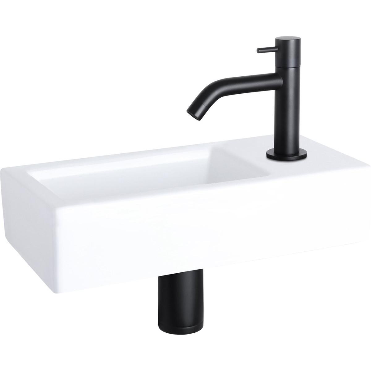 Differnz, Lavandino, Ravo Fonteinset - Wasbak Keramiek - Wit - Gebogen Kraan - Mat Zwart - Standaard Greep - 38,5 x 18,5 (185 mm, 385 mm)