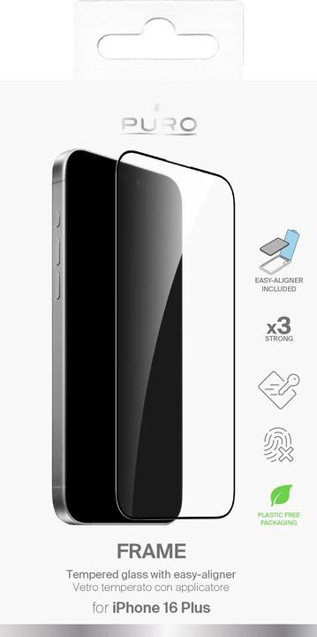 Actual product image Puro Tempered Glass with Frame with Applicator Included for iPhone 16 Plus (1 Piece, Apple iPhone 16 Plus)