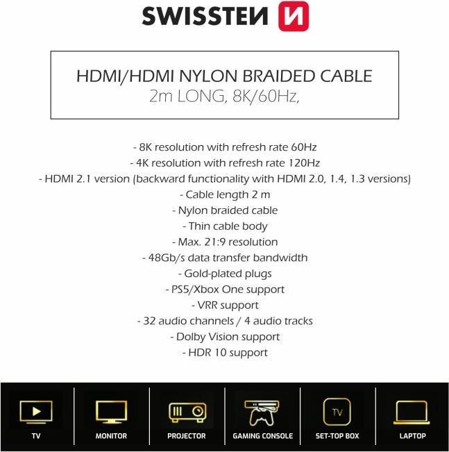Produktbild Swissten Cable HDMI To HDMI 8K 60Hz 2.0 M (2 m, HDMI)