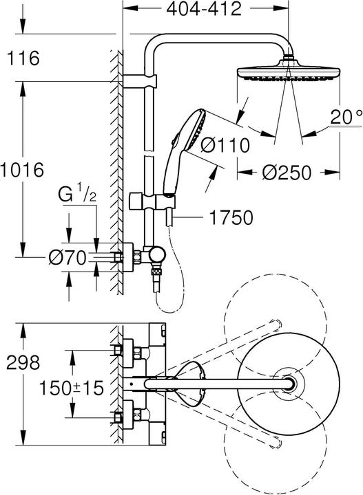 Produktbild Grohe Vitalio Start System 250 Duschsystem mit Thermostatbatterie und Vitalio Start 110 Handbrause, inkl.