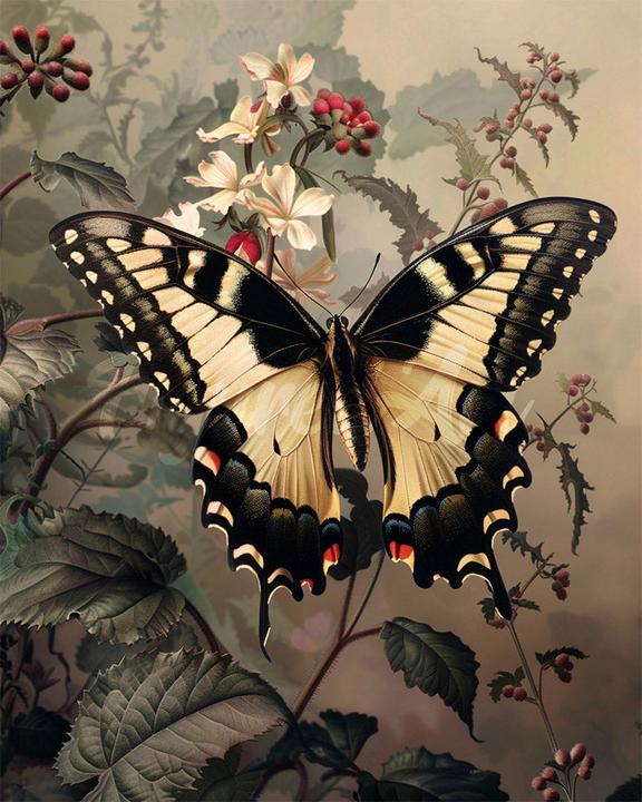 Figured'Art Broderie Diamant avec cadre - Machaon et Fleurs blanches