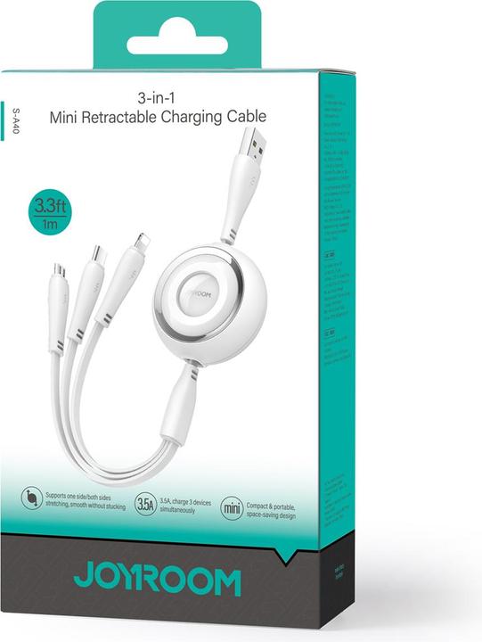 Actual product image Joyroom S-A40 Colorful Series 3in1 retractable cable USB-A to USB-C / Lightning / microUSB 1m - whit (1 m)