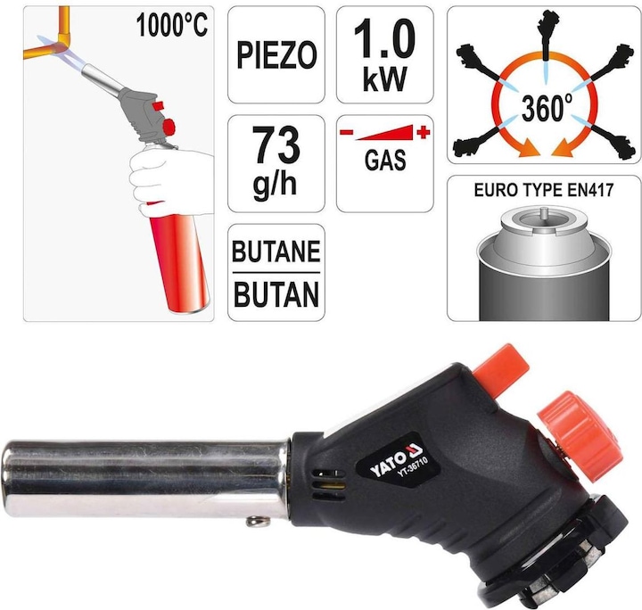 Produktbild Yato Profi Gaslötbrenner mit Piezo-Zündung | EN417-Anschluss | 1 kW | 1000°C | Bunsenbrenner Lötbren