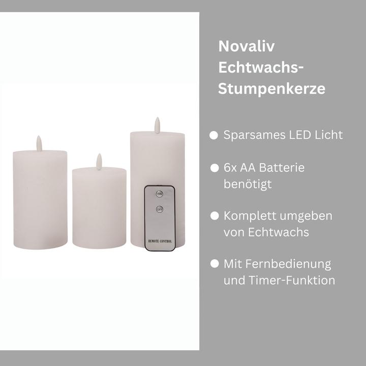Produktbild Novaliv 3er Set Led Kerzen 7,5cm ø Kerze flackernde Flamme mit Fernbedingung WEISS 15 cm + 12,5 cm + 10 cm H (1 x)