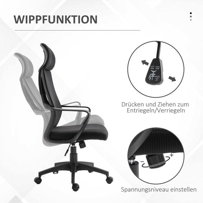 Image du produit Swisshandel24 Bürostuhl, Wippfunktion, mit Kopfstütze, Lendenstütze Schwarz (45 - 55 cm)