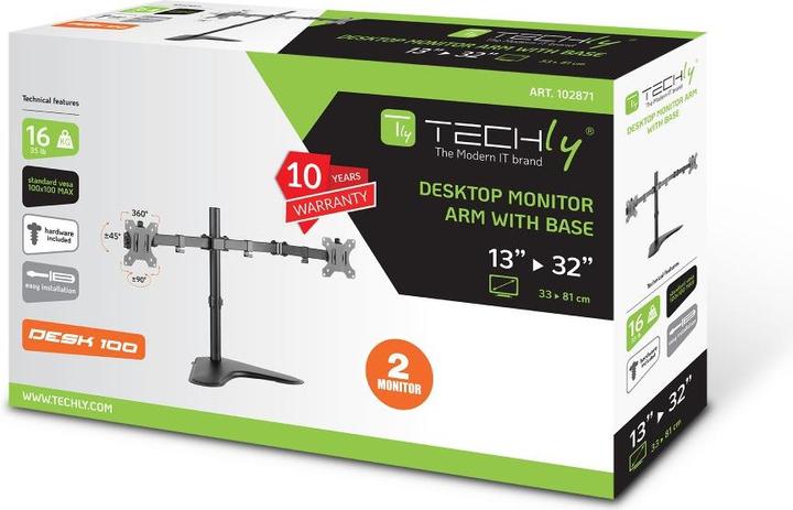 Image du produit Techly Pied pour 2 écrans LCD - noir - Taille d'écran : 33-81.3 cm (13"-32") (Tables, 32", 16 kg)