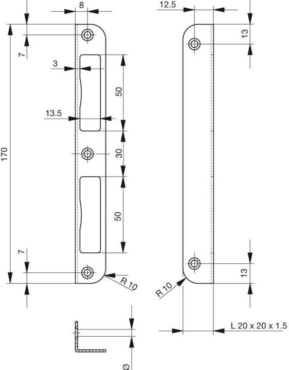 Produktbild BKS Winkelschliessblech S401 Stahl silber HT käntig B20xL190mm käntig Tiefe 20 mm DIN links / rechts (Türgriff)