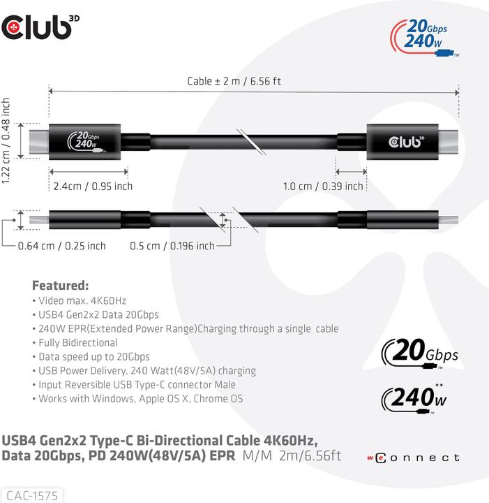 Actual product image Club 3D USB C – USB C (2 m, USB 4.0, 240 W)