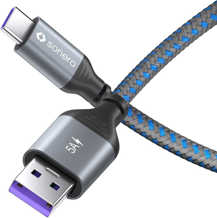 Immagine prodotto Sonero Cavo di ricarica da USB-C a USB-A - USB 2.0 Super-Fast Charge 5V/5A - grigio/blu - 1,50m (1.50 m, USB 2.0)