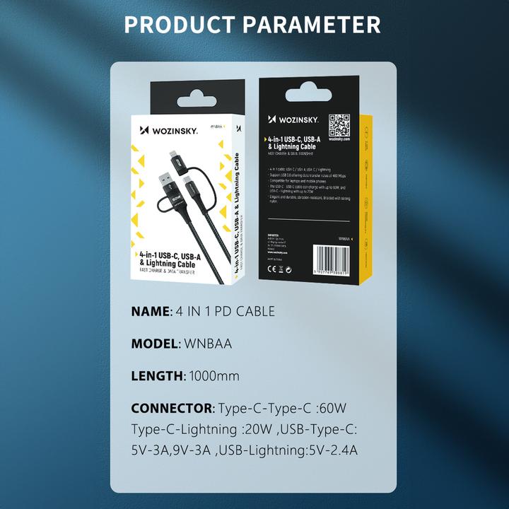Produktbild Wozinsky WNBAA 4in1 Kabel 2x USB-C 1x USB-A 1x Lightning 60W 1 m - Schwarz (1 m, USB 2.0, 60 W)