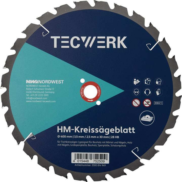 Tecwerk Tischkreissägeblatt Aussen-Ø 450 mm Zähnezahl 32 HB Bohrung 30 mm Schnittbreite 3,8 mm
