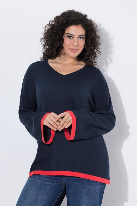 Produktbild Ulla Popken Pullover, farbige Bündchen, V-Ausschnitt, Langarm (50)