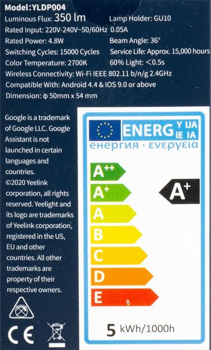 Energie-Label Yeelight LED Lampe (GU10, 4.80 W, 350 lm, 1 x, G)