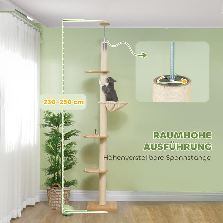 Produktbild PawHut Kratzbaum Spanplatte (250 cm, Eiche+Cremeweiss)