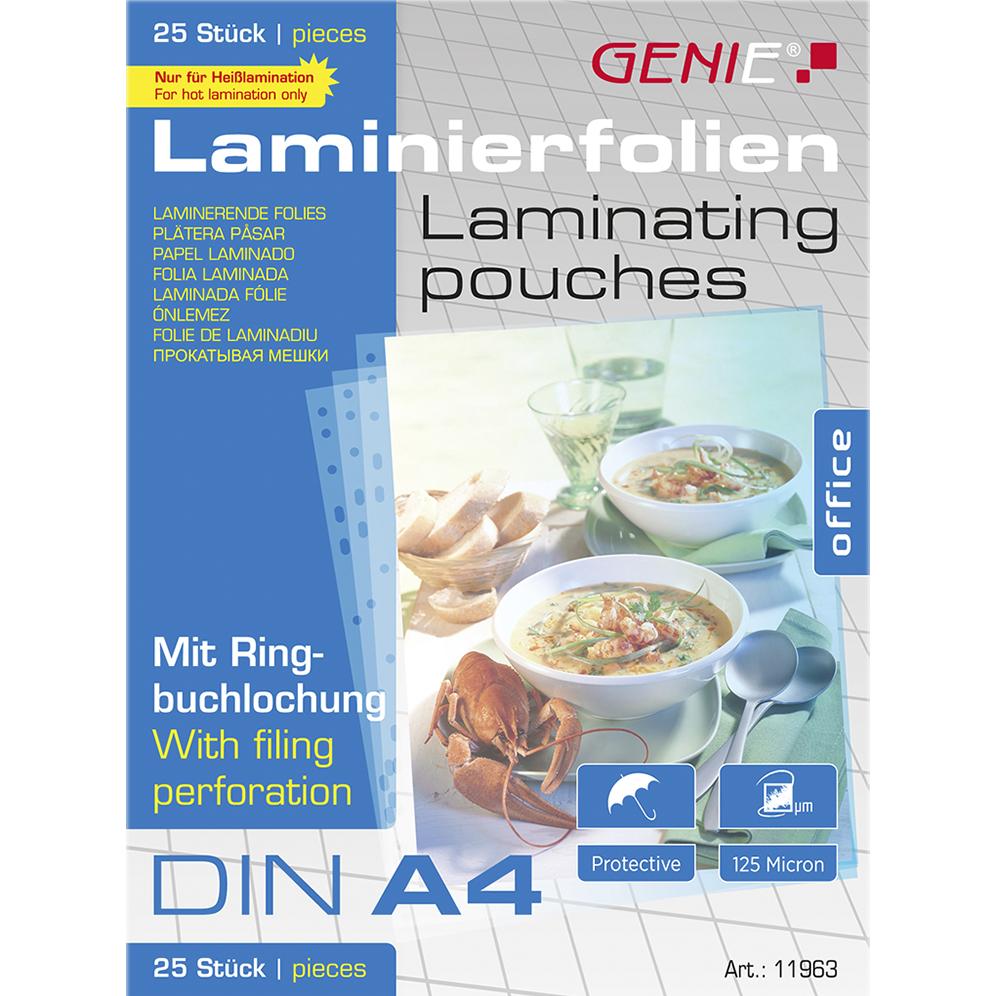 Genie, Laminierfolie, Laminiertaschen 4 - Folien mit Ringbuchlochung (A4, 25 Stück, 125 µm)