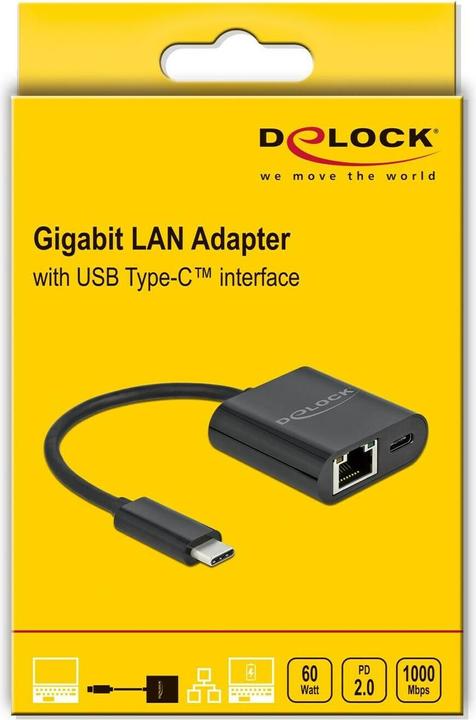Productafbeelding Delock USB Type-C™ Adapter naar Gigabit LAN 10/100/1000 Mbps met Power Delivery connector zwart (USB-C, RJ45 Gigabit Ethernet (1x))