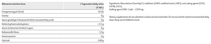 Valeurs nutritives et ingrédients Sponser Bêta alanine (1 pièce(s), Cachets, 189 g)
