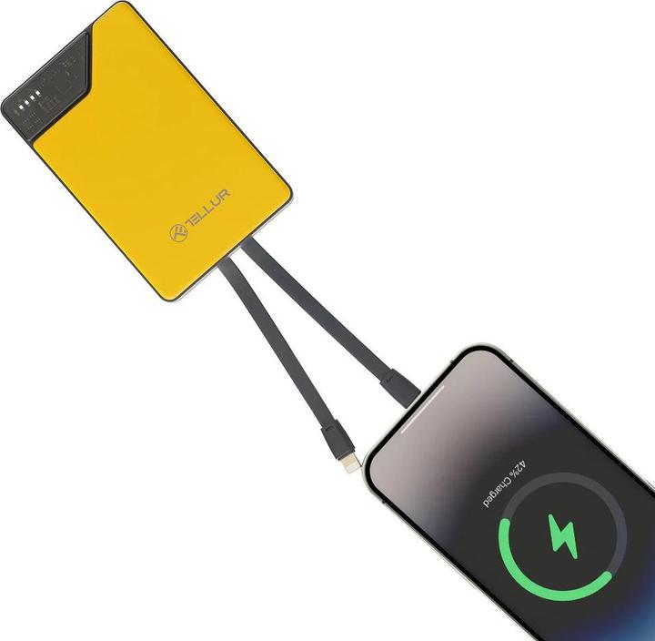 Actual product image Tellur Power Bank 10000mAh, USB-C + Lightning cables built-in yellow (10000 mAh)