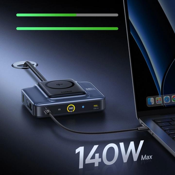 Produktbild Baseus Stacja ładująca Nomos NH21 6w1 245W bezprzewodowa z dwoma zwijanymi kablami USB-C - czarna (245 W, 6 Ports)