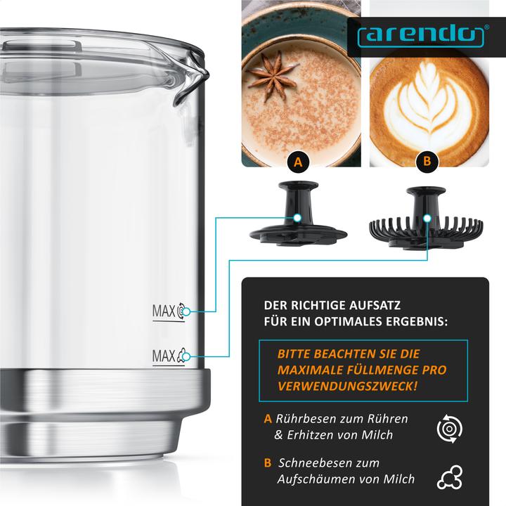 Actual product image Arendo Milk frother 600 W, 6 functions, removable heat-resistant glass attachment, Quiet, Power-saving (25 cl)