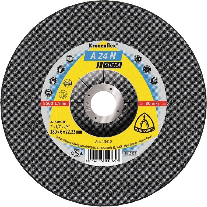 Produktbild Klingspor Schruppscheibe A 24 N Supra D180xB8mm Bohrung 22,23mm weich GEK-Form max.Drehzahl 8500U/min