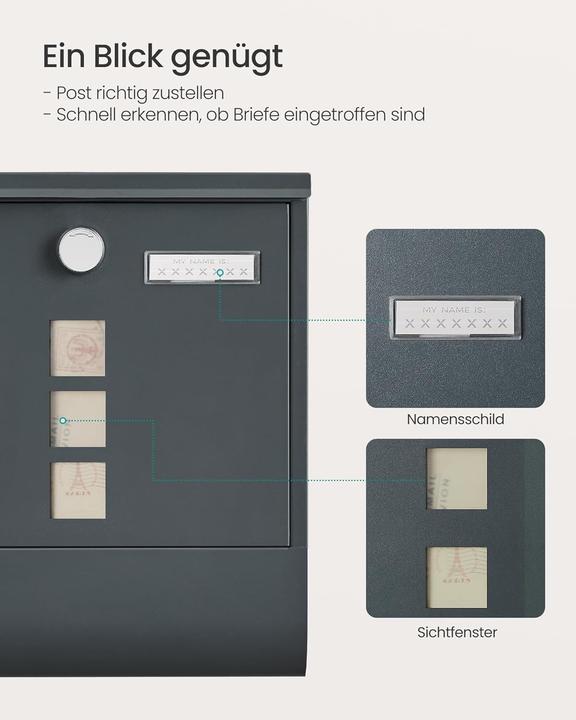 Produktbild Songmics Wandbriefkasten Schloss Sichtfenster Zeitungsfach Anthrazitgrau
