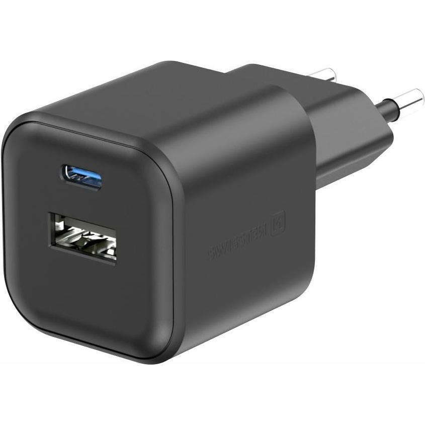 Swissten Caricabatterie da viaggio Gan 1X USB-C 20W PD + 1X USB-A 18W QC Nero (20 W), Caricatore USB, Nero