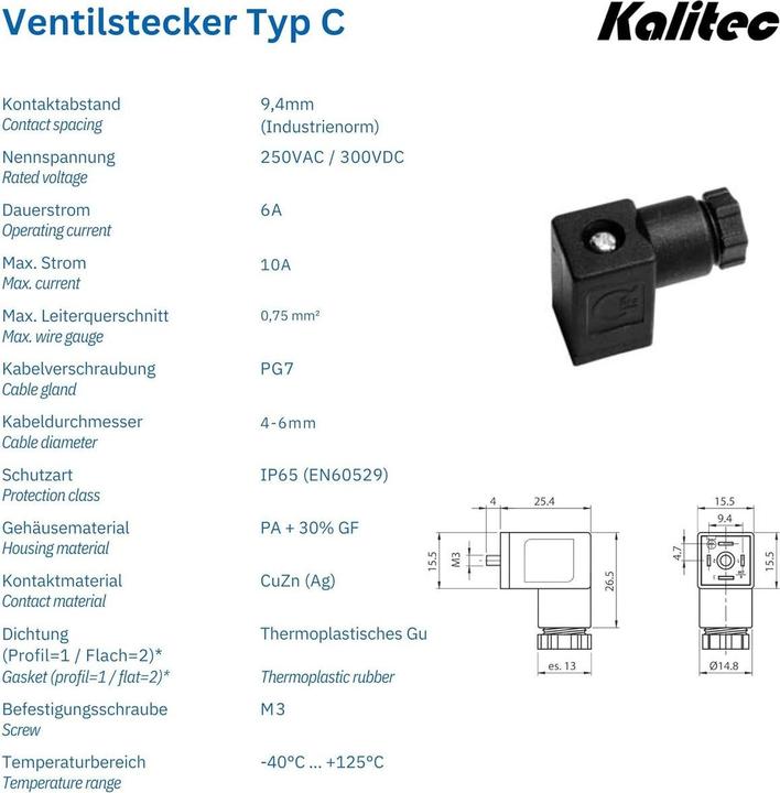 Produktbild Kalitec 5 Stück Ventilstecker Bauform C schwarz 4 polig I Kontaktfläche 15,5 x 15,5 mm² I PG7 I Kont