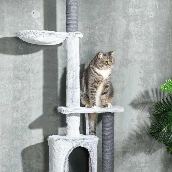 Actual product image Swisshandel24 Scratching post ceiling high, 225-255 cm with cat cave, scratching posts, basket, play ball, grey (Grey)