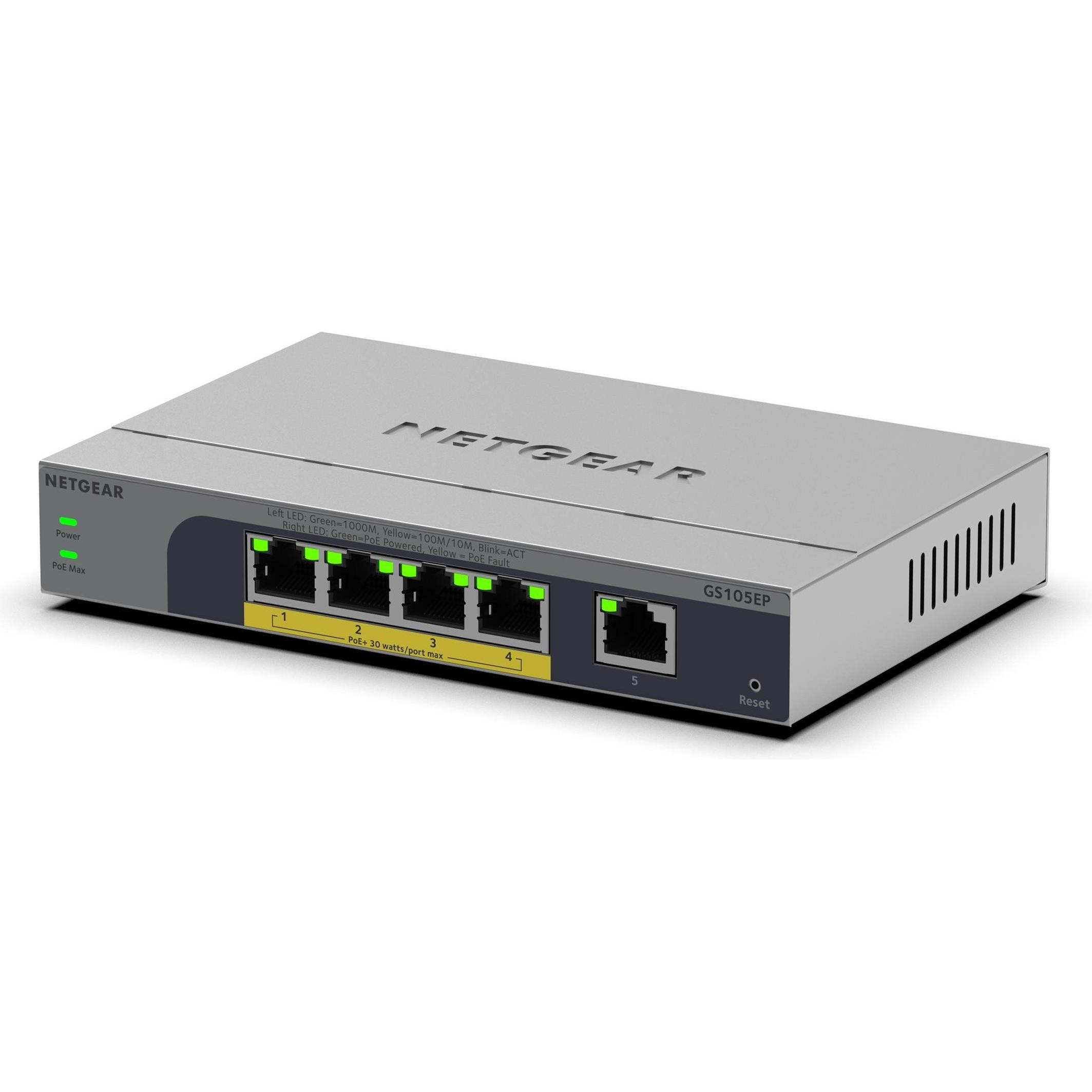 Netgear 5PT GB PLUS SWICH W/ POE+ GS105EP (5 Ports), Netzwerk Switch, Grau