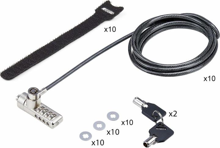 Productafbeelding StarTech COM 10-pak dubbele toegang laptopslot 2m kabelslot met sleutel en cijferslot K-S