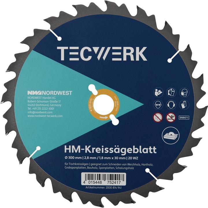 Tecwerk Tischkreissägeblatt Aussen-Ø 315 mm Zähnezahl 20 WZ Bohrung 30 mm Schnittbreite 3,2 mm