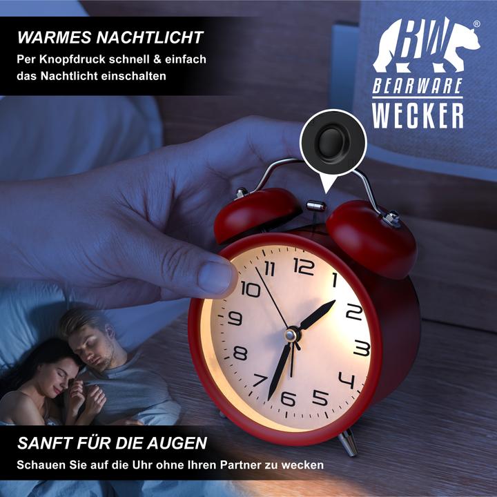 Produktbild Bearware Wecker analog, rund, Retro, mit Licht, lauter Glockenalarm, Beleuchtet, ohne Ticken, Vintage